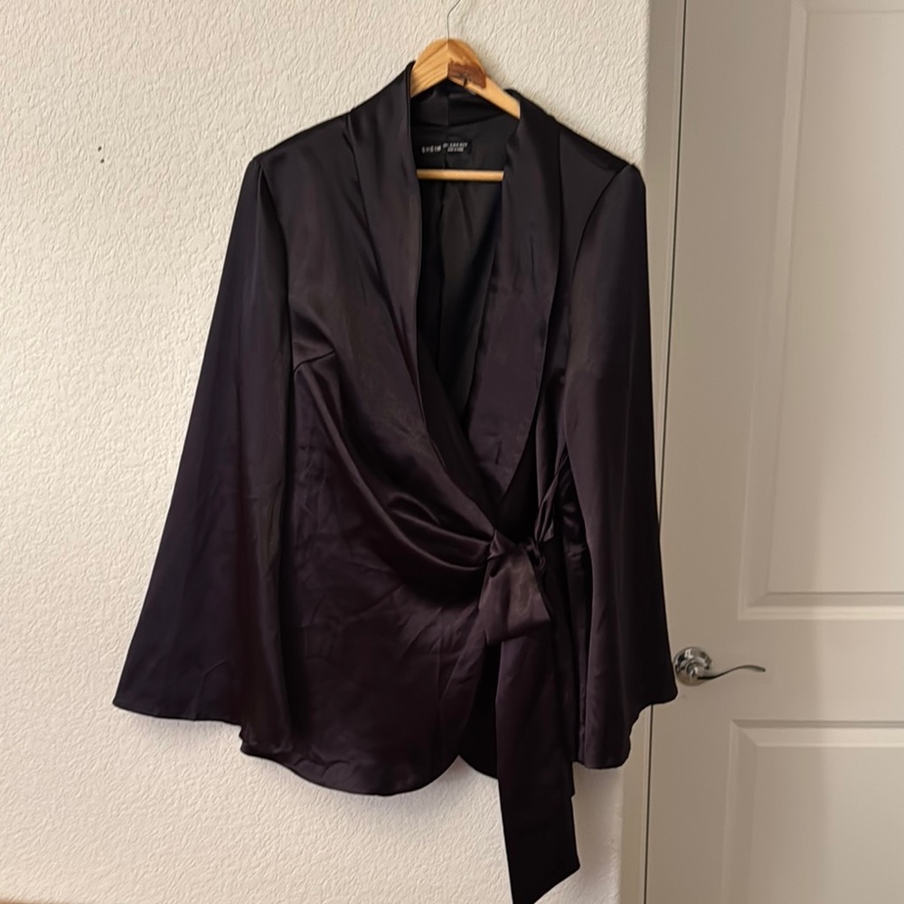 Black Satin Wrap Blouse